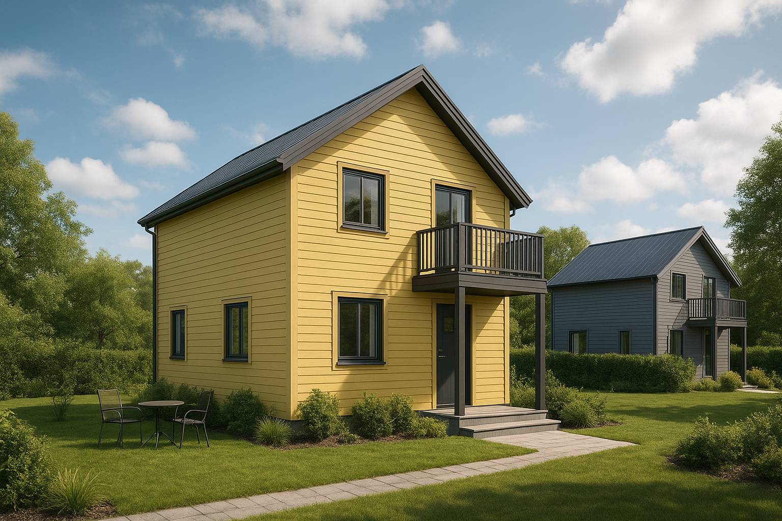 En modern tvåvånings attefallshus i gult med svart tak och balkong, placerat i en grönskande trädgård med gångväg och utemöbler, samt ett liknande grått hus i bakgrunden under en blå himmel med moln.