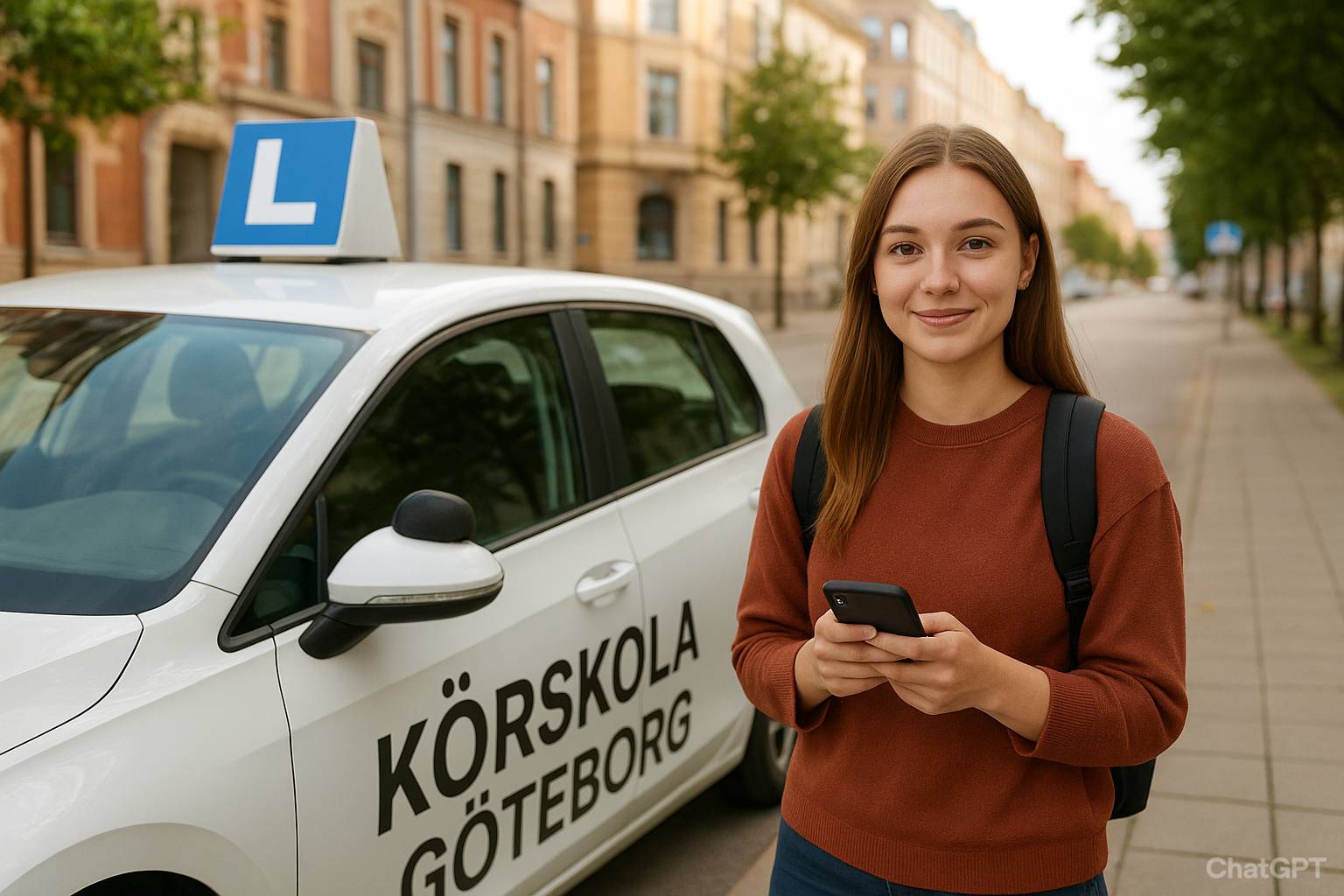 En ung kvinna med långt brunt hår står leende bredvid en vit bil märkt “Körskola Göteborg” på en solig stadsgata. Hon håller en mobiltelefon i händerna och bär en ryggsäck, med träd och byggnader i bakgrunden