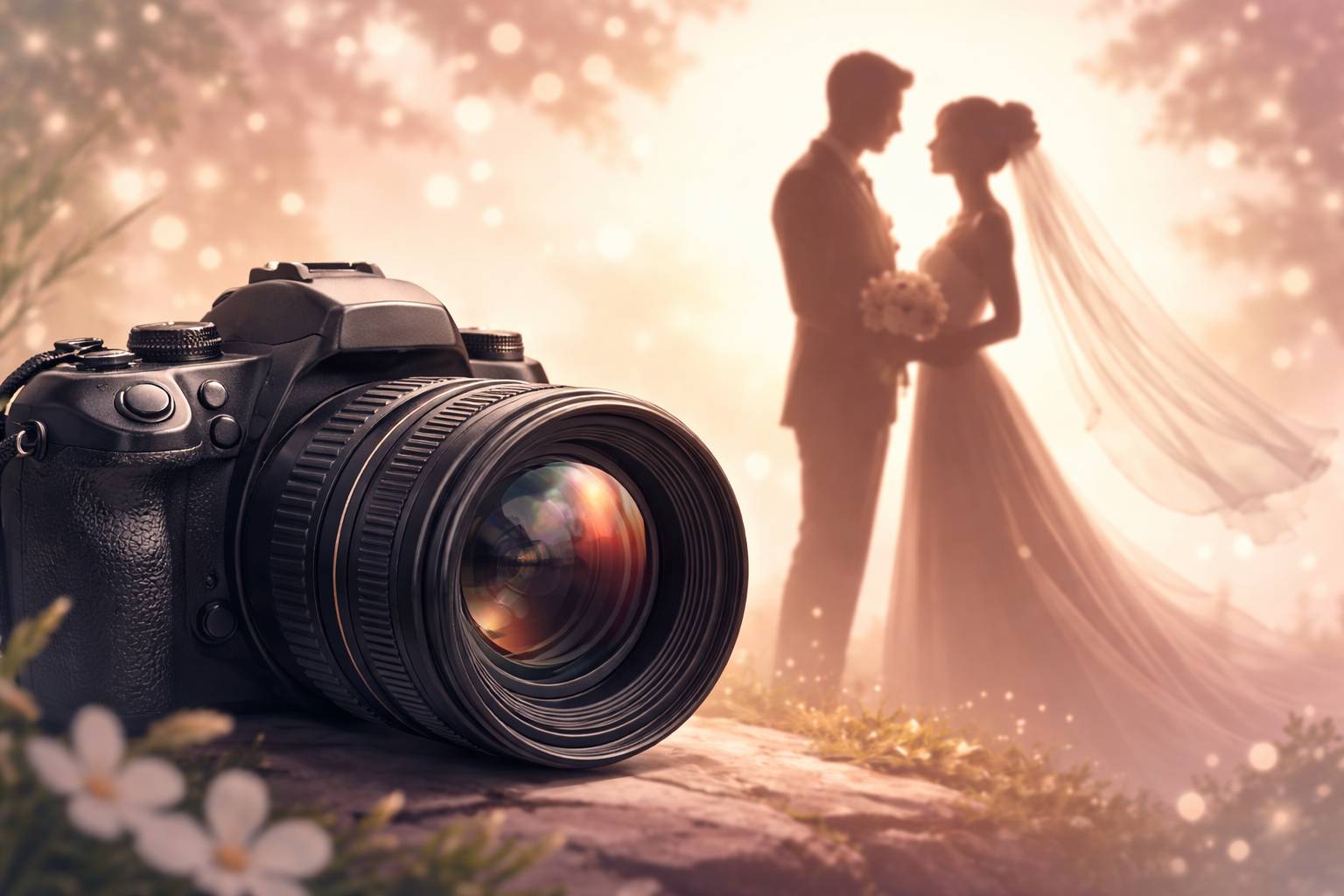 Kamera och solnedgångssilhuett av ett brudpar