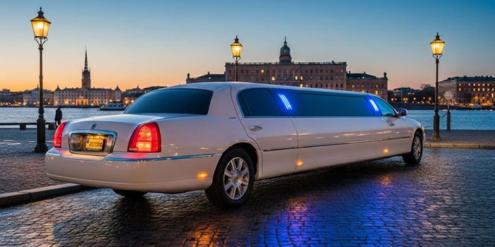 Vit limousine som går att hyra från Crownlimo - en limousineservice i Stockholm.